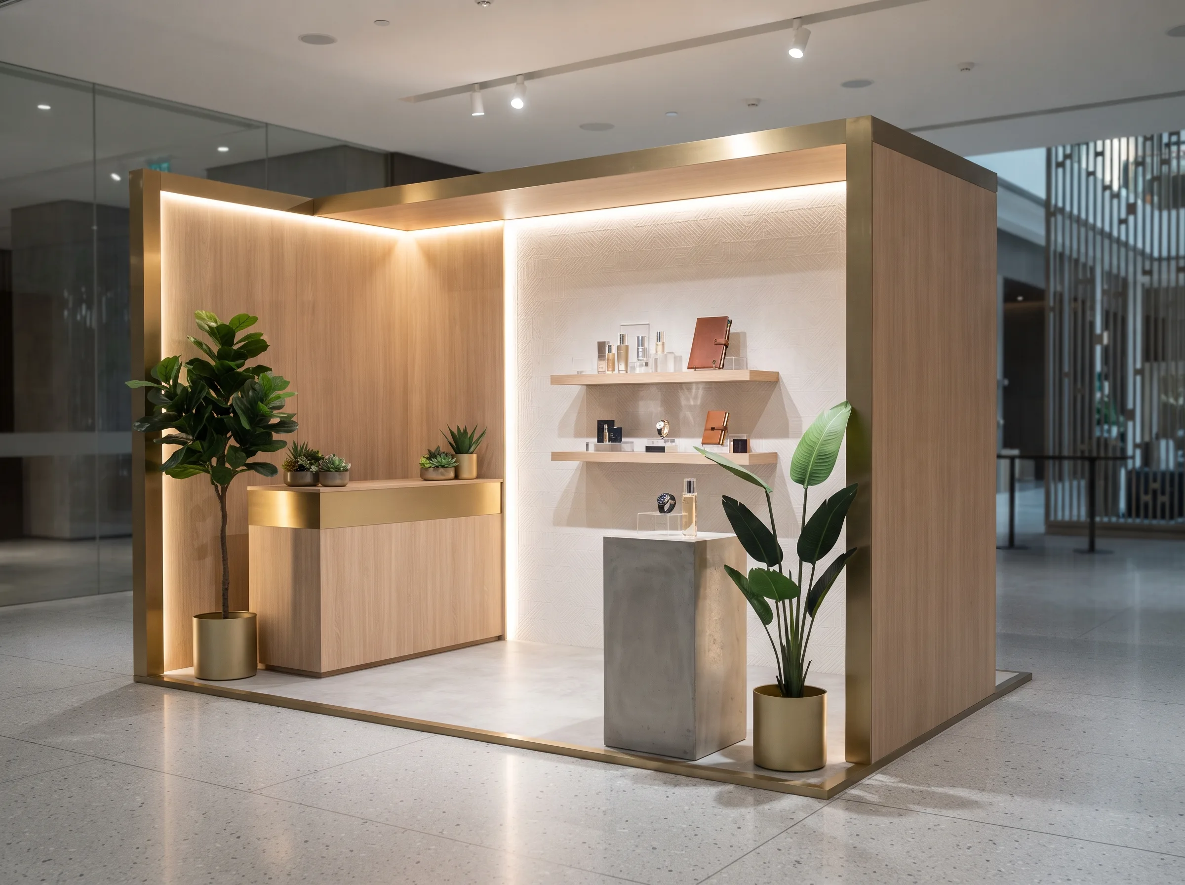Retail pop-up booth styled with fiddle-leaf figs and succulent planters