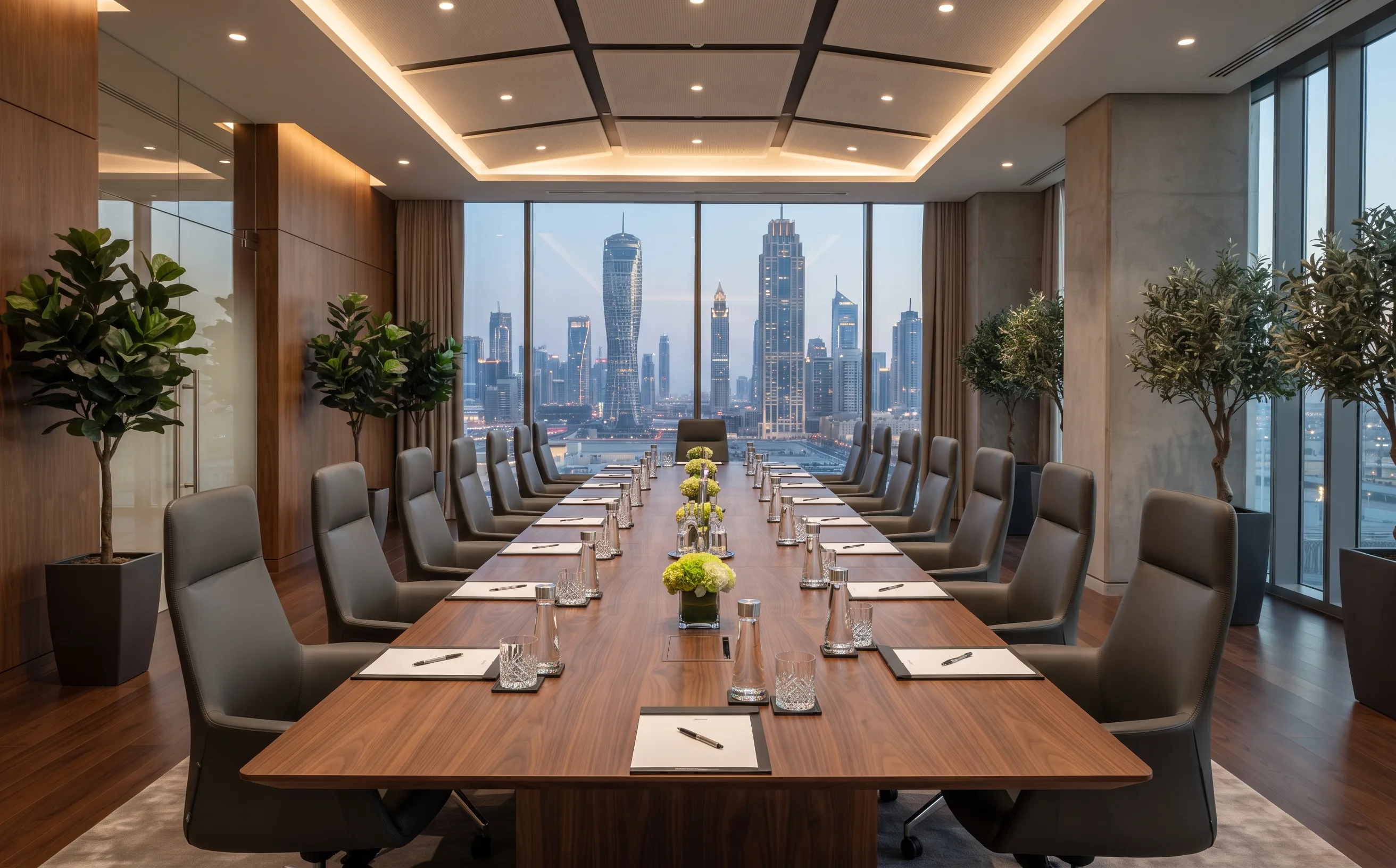 Boardroom styled with olive and fiddle-leaf fig trees against the skyline.