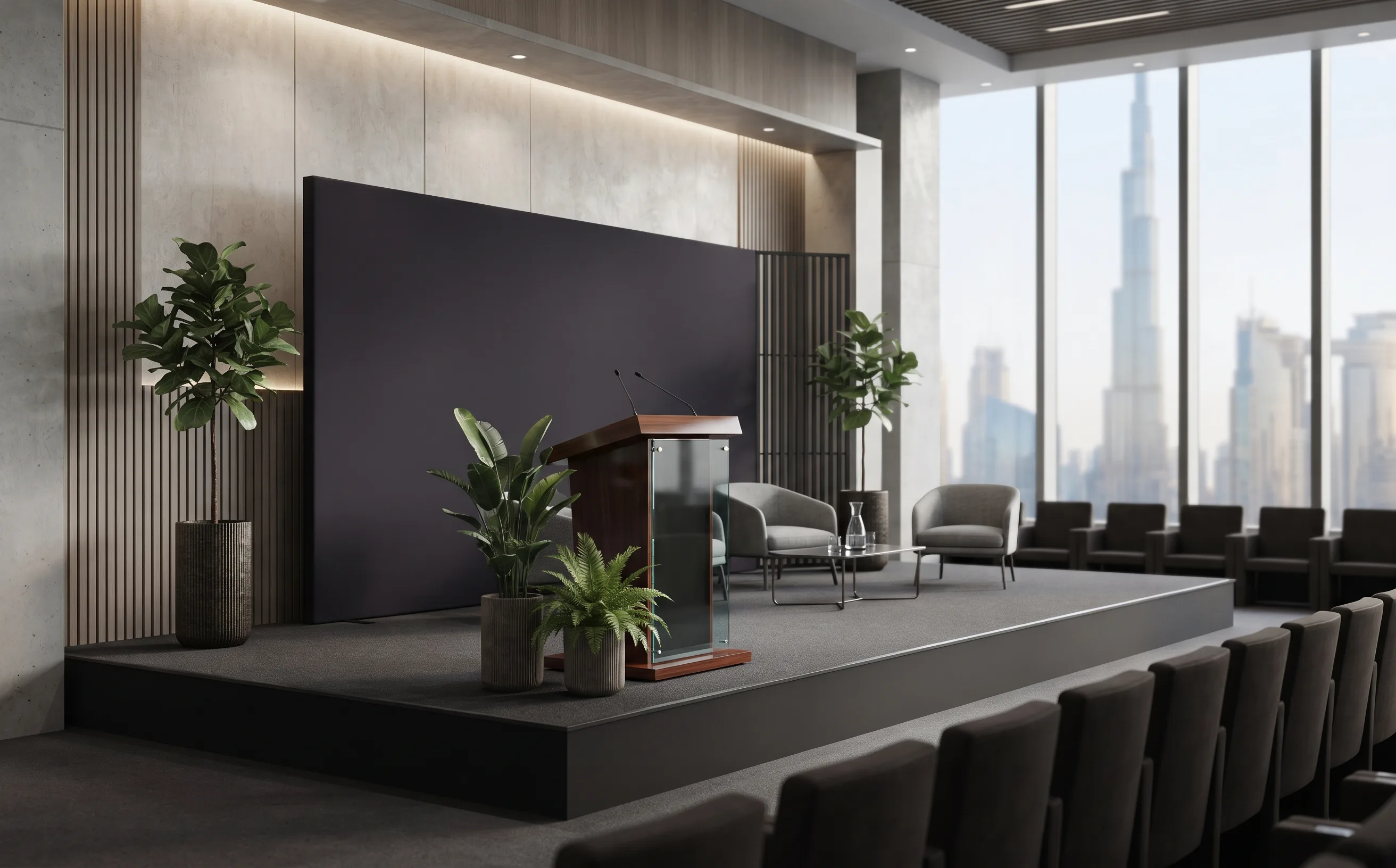 Corporate conference stage with podium and greenery styling