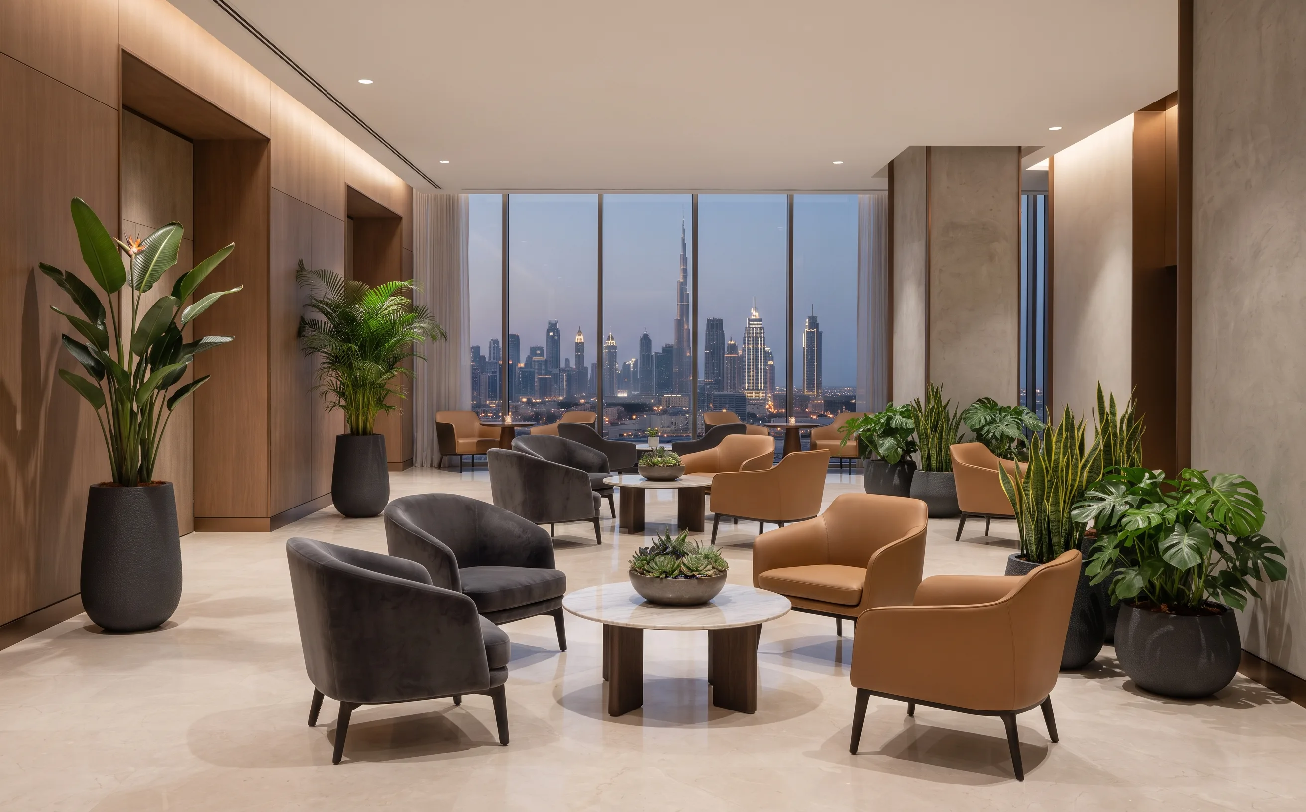 Networking lounge with planters and a Dubai skyline backdrop.