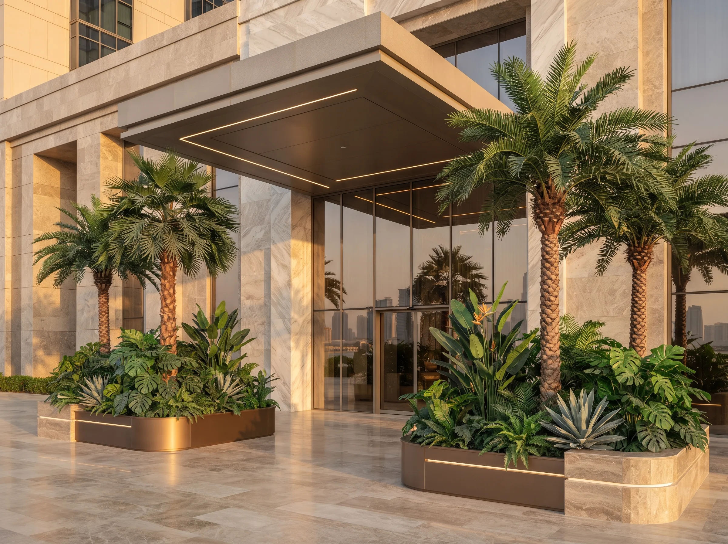 Entrance canopy flanked by large date palms and tropical planters.