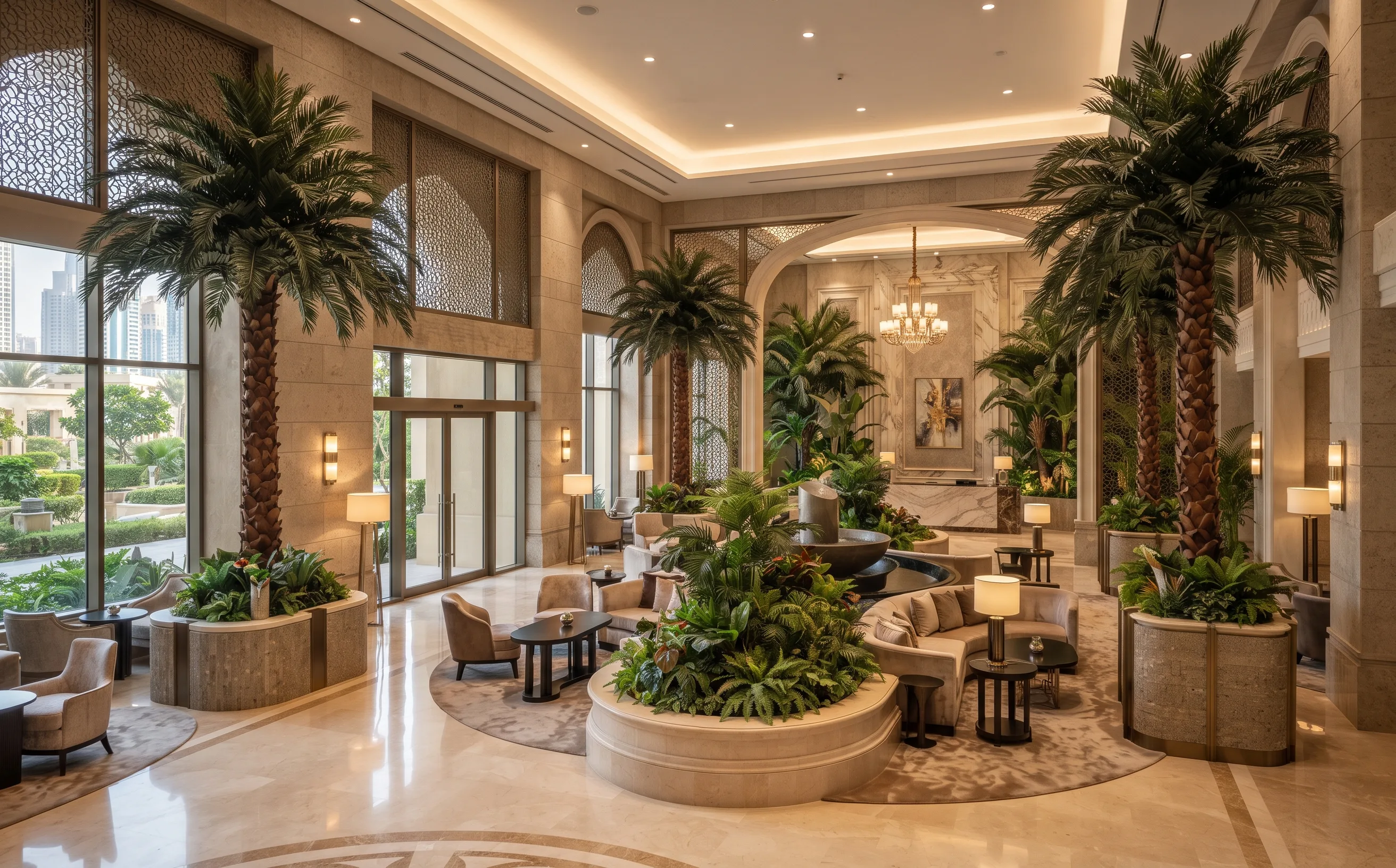 Hotel lobby styled with tall date palms and a central planter island
