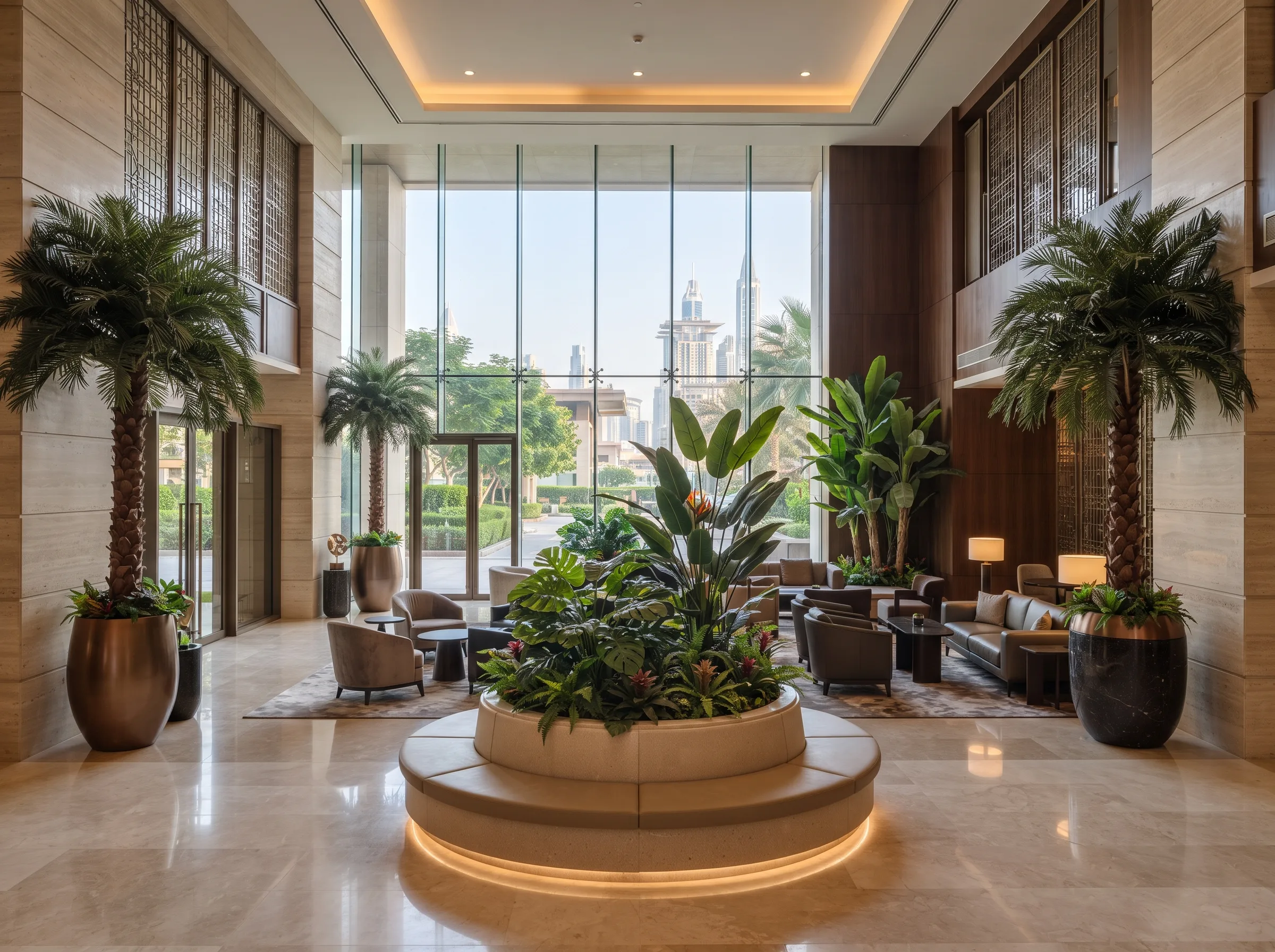 Lounge seating area with a round central planter and bird of paradise foliage.