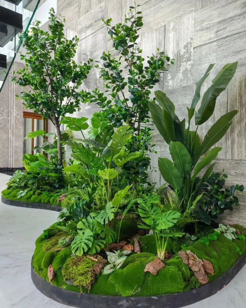 Real completed project: moss-base planter island in an office lobby